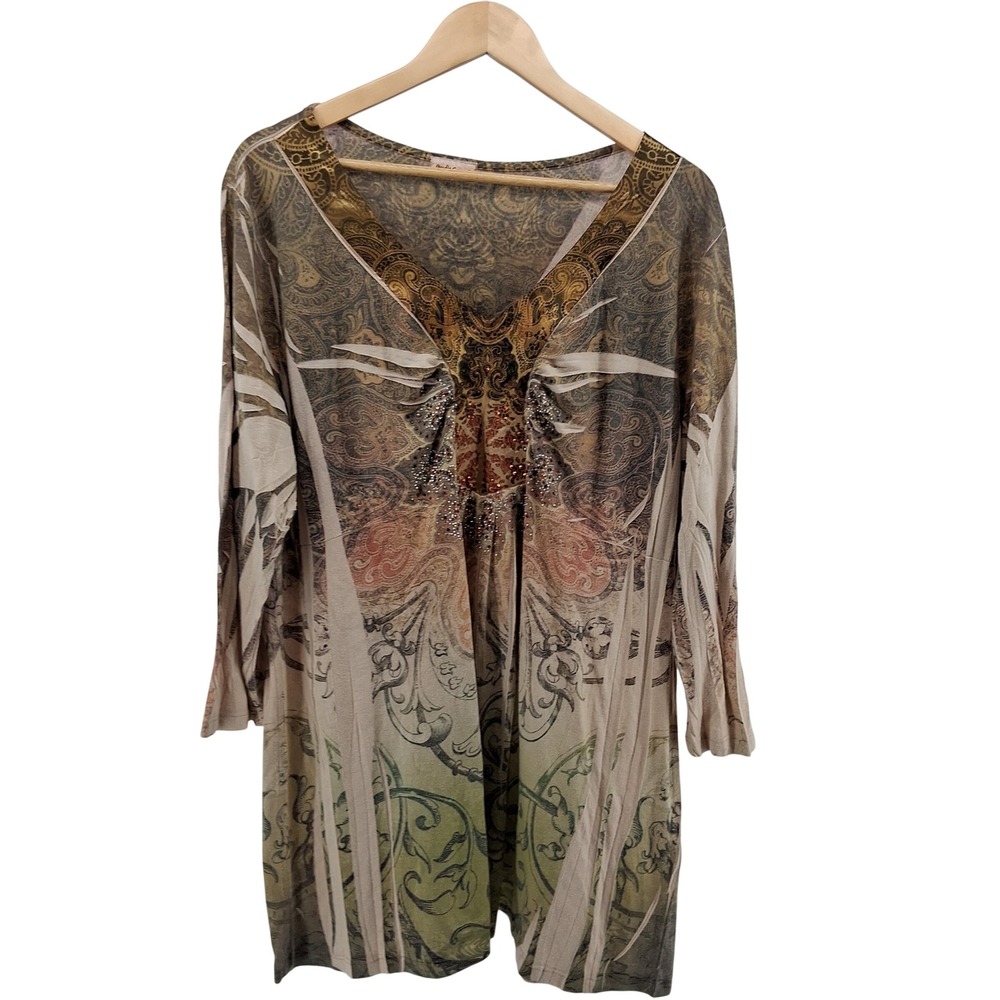 Studio Gem Q Womens XL Tunic Top Paisley Embellished V Neck Boho Festival Y2K